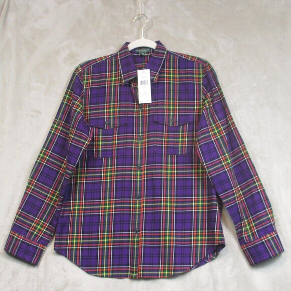 NWT LRL Lauren Jeans Co Size Medium Flannel Plaid Shirt Roll Tab Sleeve Pockets - Picture 1 of 10